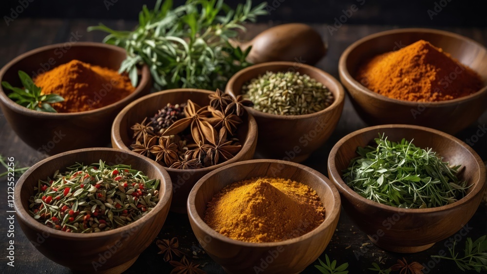 A variety of colorful spices and herbs in wooden bowls, showcasing culinary ingredients. A variety of colorful spices and herbs in wooden bowls, showcasing culinary ingredients.