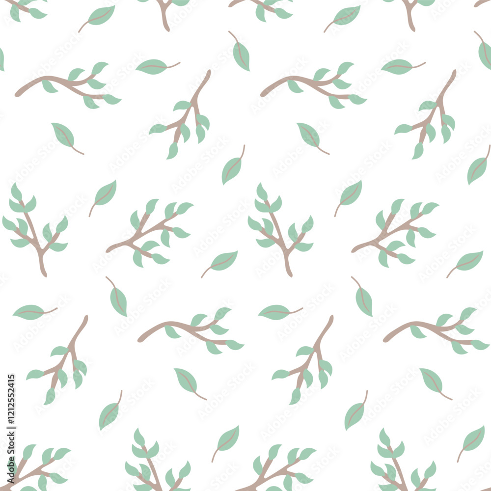 Seamless Pattern with Delicate Green Leaves and Tree Branches on a White Background for Nature-Themed Designs and Decoration Seamless Pattern with Delicate Green Leaves and Tree Branches on a White Background for Nature-Themed Designs and Decoration