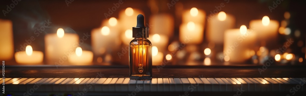 A minimalist glass dropper bottle on a piano with warm candlelight bokeh. Ideal for luxury skincare, beauty ads, and elegant product visuals. A minimalist glass dropper bottle on a piano with warm candlelight bokeh. Ideal for luxury skincare, beauty ads, and elegant product visuals.