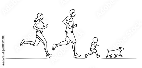 A family comes to life with a minimal hand-drawn design while running in nature with their cute dog.
