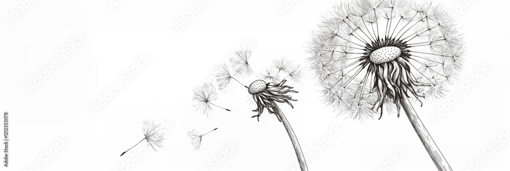 fluffy dandelion flower with flying fluff, on white background Close Up engraved drawn with dots fluffy dandelion flower with flying fluff, on white background Close Up engraved drawn with dots