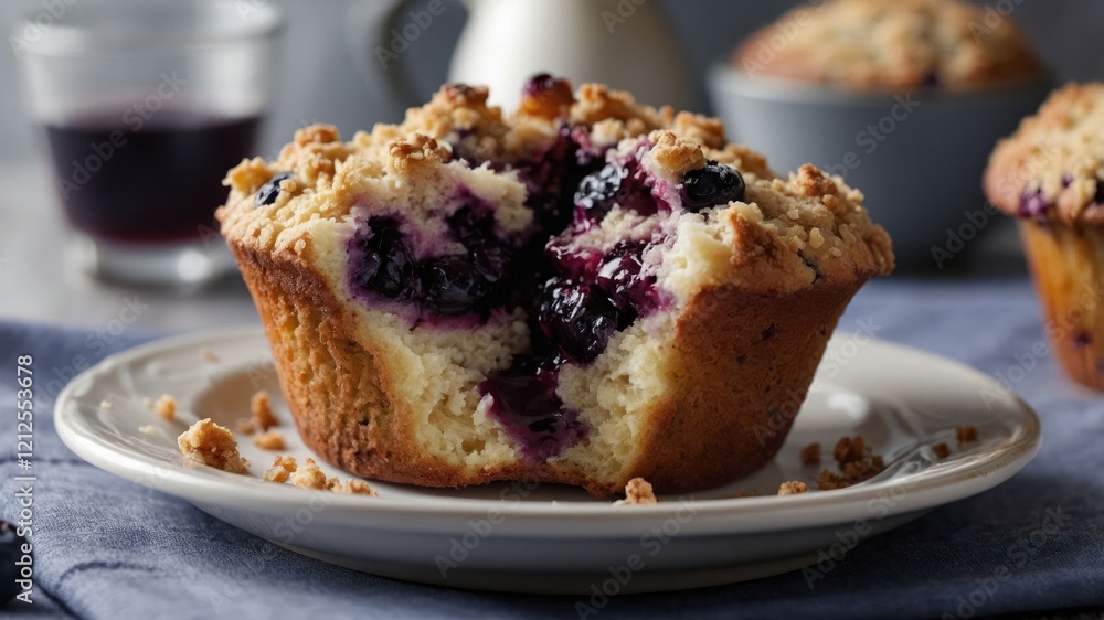 A close-up of a blueberry muffin with a crumbly topping, showcasing its delicious filling. A close-up of a blueberry muffin with a crumbly topping, showcasing its delicious filling.