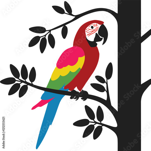 A stunning silhouette illustration of a parrot perched on tree branches, showcasing intricate details of its feathers and the natural beauty of wildlife, ideal for artistic and decorative designs.
