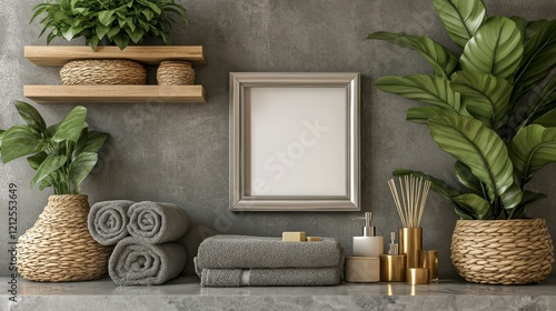 Serene Spa Bathroom Decor Grey Towels Plants Frame Mockup and Natural Elements