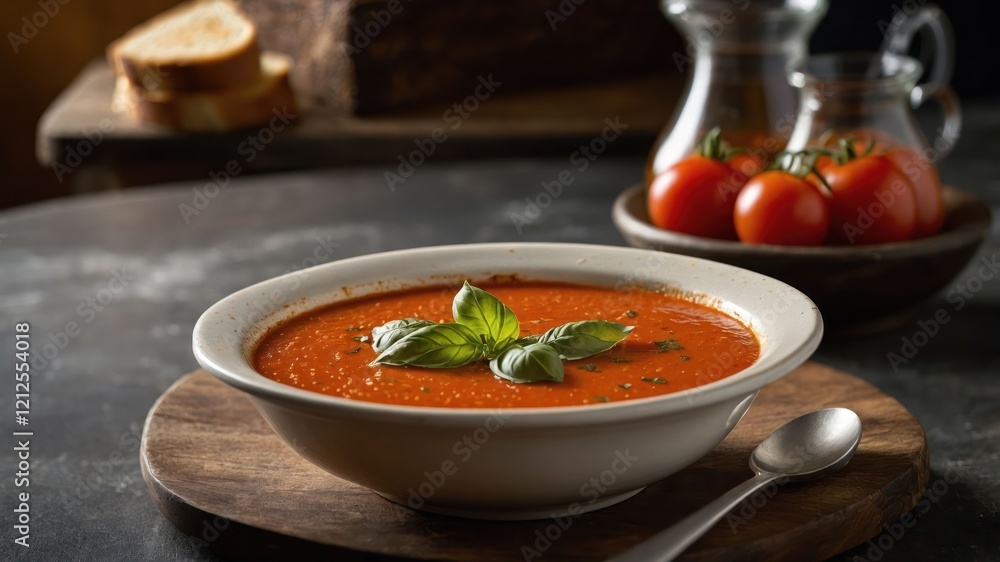 A bowl of tomato soup garnished with basil, served on a wooden board with tomatoes and bread. A bowl of tomato soup garnished with basil, served on a wooden board with tomatoes and bread.