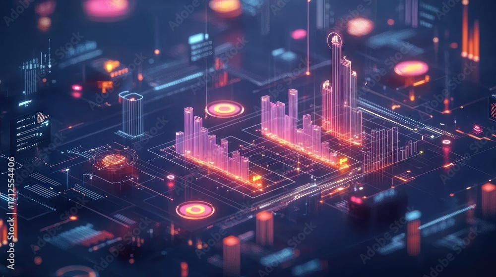 Glowing success chart in D showing sharp growth, colorful bar graphs, financial icons, and futuristic grid details in a dark blue background. Glowing success chart in D showing sharp growth, colorful bar graphs, financial icons, and futuristic grid details in a dark blue background.