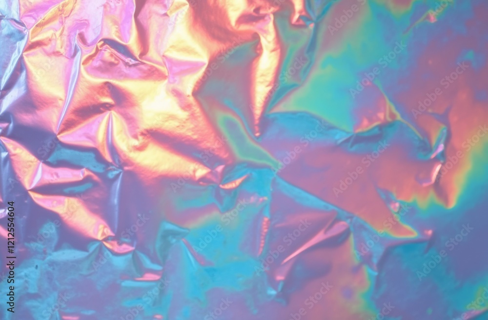 Φωτογραφία Wrinkled iridescent foil surface with pastel shades of blue, pink, and yellow, c