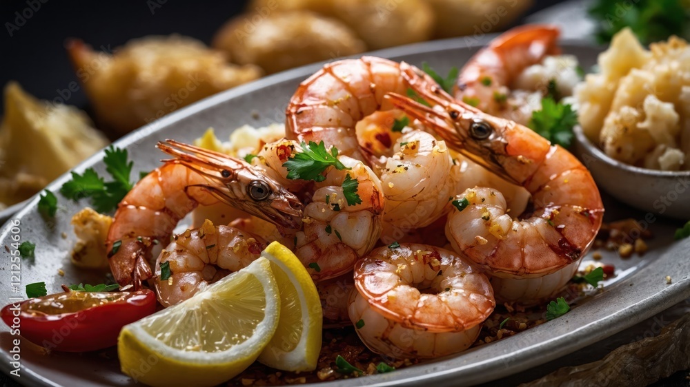 A platter of shrimp garnished with herbs and lemon slices, showcasing a delicious seafood dish. A platter of shrimp garnished with herbs and lemon slices, showcasing a delicious seafood dish.
