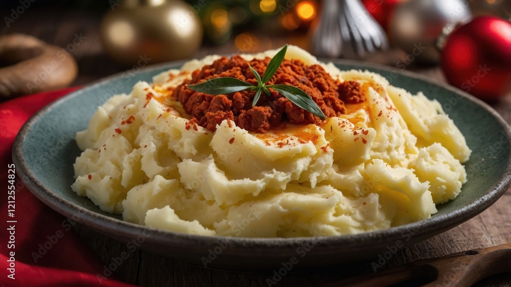 A serving of creamy mashed potatoes topped with a spice blend and garnished with leaves. A serving of creamy mashed potatoes topped with a spice blend and garnished with leaves.