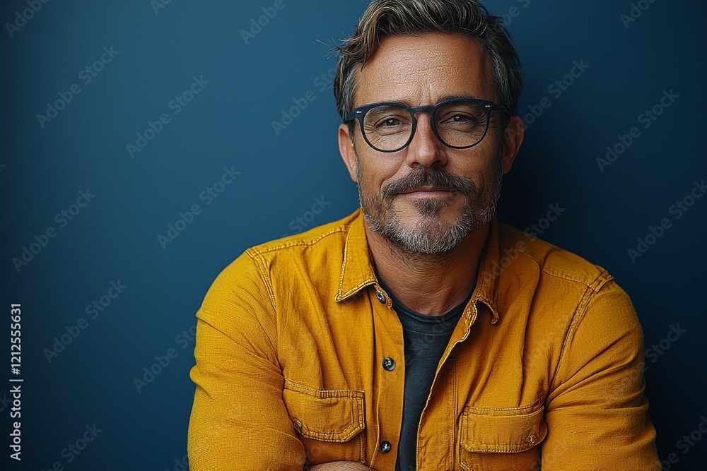 A captivating image of a mature, charismatic leader exuding contentment, dressed in a yellow shirt, against a blue background A captivating image of a mature, charismatic leader exuding contentment, dressed in a yellow shirt, against a blue background