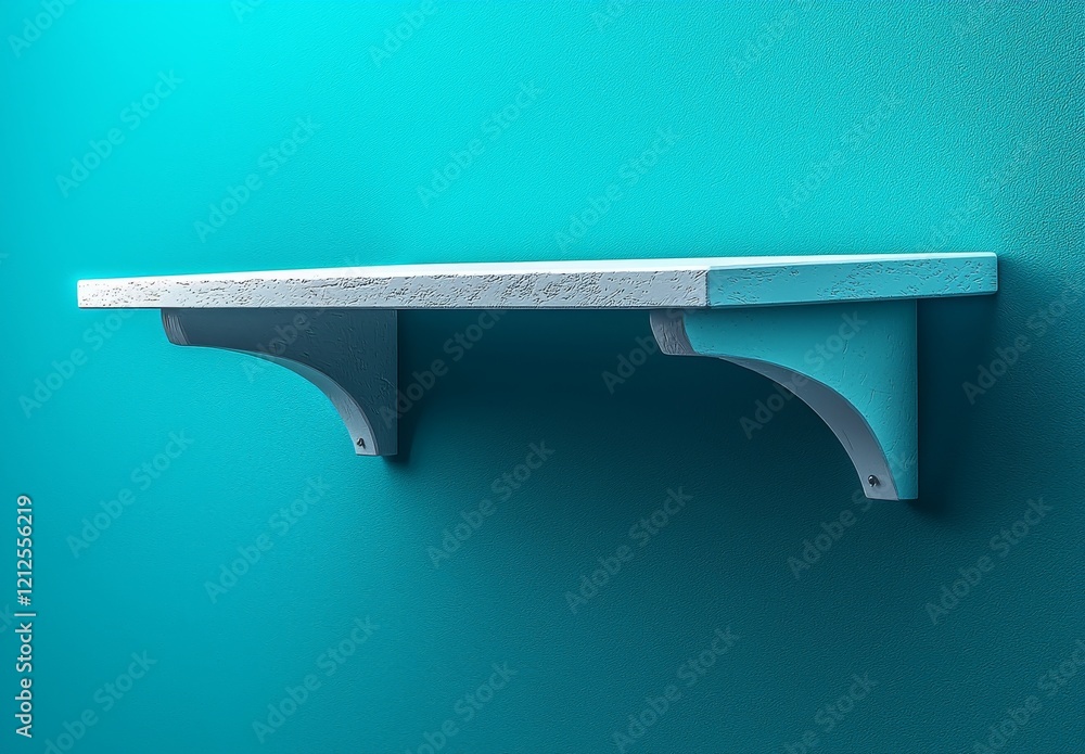 A white empty shelf against a green-blue pastel background with a 3D shadow effect A white empty shelf against a green-blue pastel background with a 3D shadow effect