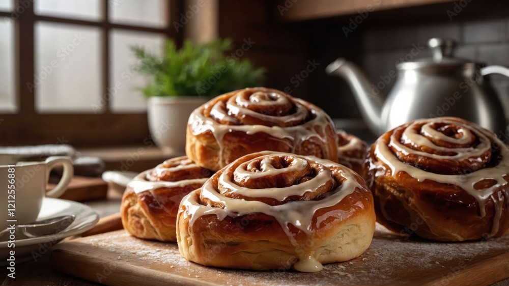 Freshly baked cinnamon rolls with icing on a wooden board in a cozy kitchen setting. Freshly baked cinnamon rolls with icing on a wooden board in a cozy kitchen setting.