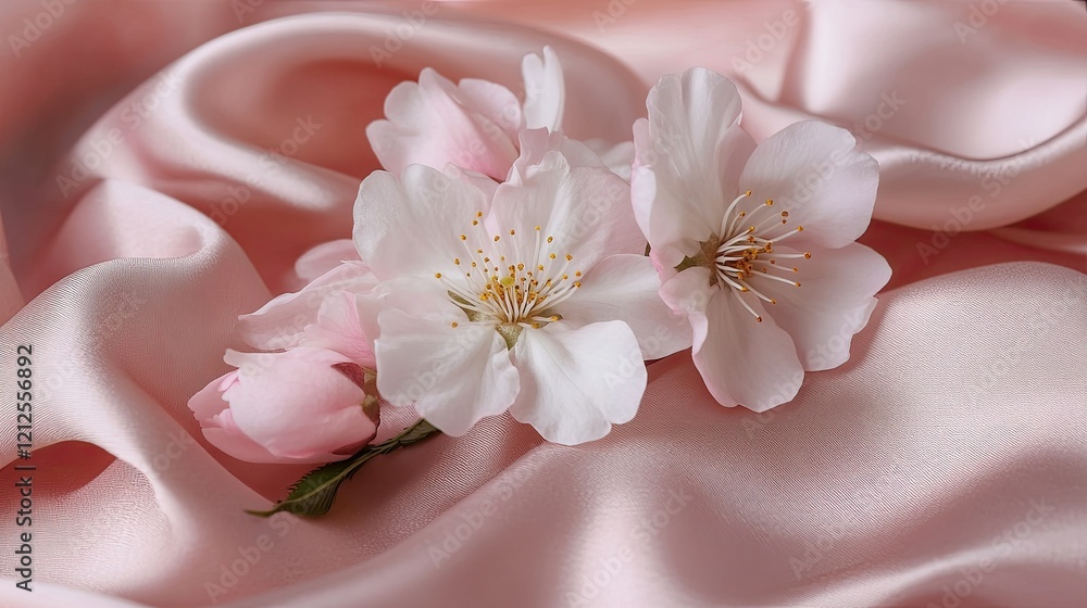 Pastel pink nails and cherry blossom petals arranged elegantly on soft pink silk, a composition of beauty and grace.