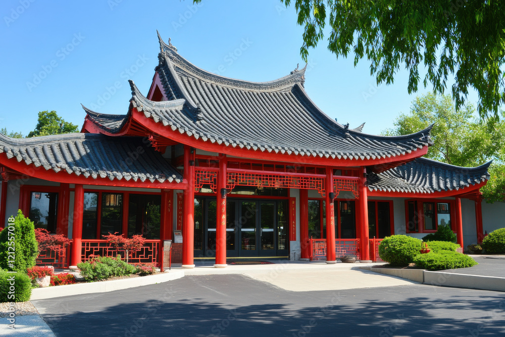 Traditional Chinese temple with curved rooflines and bright red accents Traditional Chinese temple with curved rooflines and bright red accents