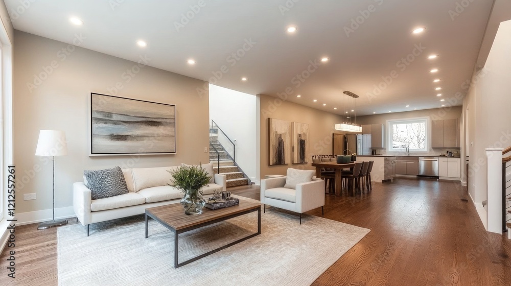An open-concept living area in a minimalist home, featuring a blend of functional furniture, a calming color palette, and strategically placed art pieces for visual interest. An open-concept living area in a minimalist home, featuring a blend of functional furniture, a calming color palette, and strategically placed art pieces for visual interest.