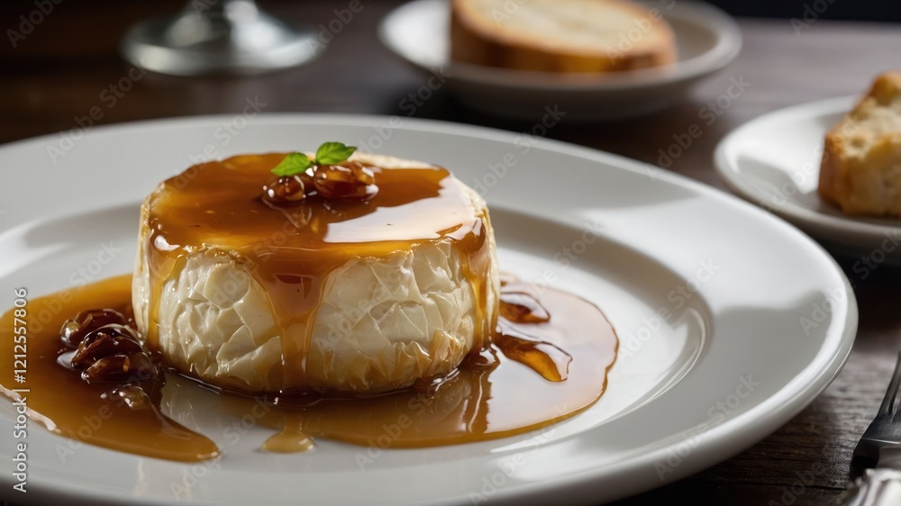 A creamy dessert topped with caramel sauce and nuts, served on a white plate. A creamy dessert topped with caramel sauce and nuts, served on a white plate.