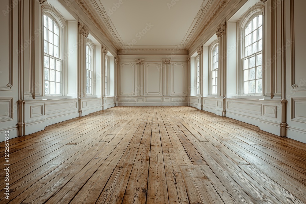 An empty white room mock-up featuring a white window, a brown curtain, and a wooden floor. This is a 3D illustration An empty white room mock-up featuring a white window, a brown curtain, and a wooden floor. This is a 3D illustration