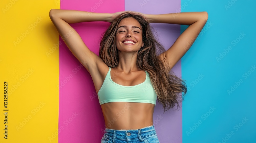 Fototapeta premium Smiling woman holding her arms up, showing smooth, hair-free underarms in a clean and vibrant background.