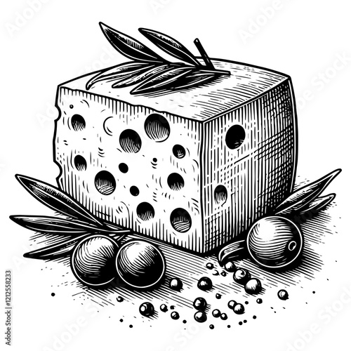 Vintage Cheese Block with Olives vector