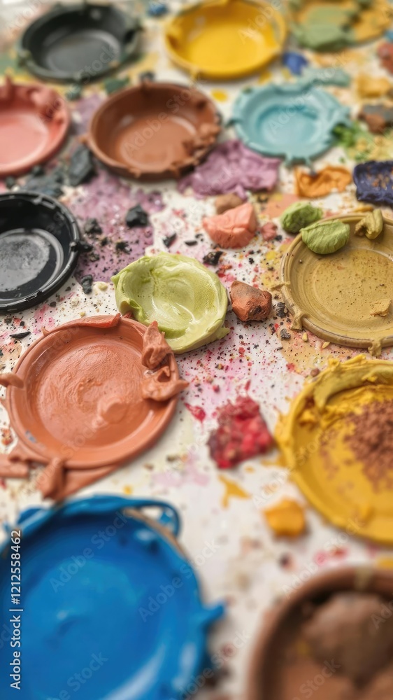 A close-up image of a colorful palette of paint with a variety of vibrant shades and tones, art supplies, studio A close-up image of a colorful palette of paint with a variety of vibrant shades and tones, art supplies, studio