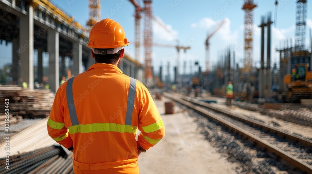 Construction worker overlooking railway site Construction worker overlooking railway site