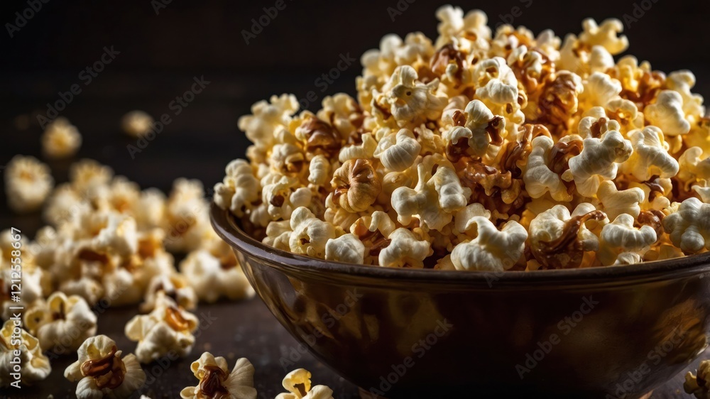 A bowl of freshly popped popcorn with scattered kernels, perfect for snacking. A bowl of freshly popped popcorn with scattered kernels, perfect for snacking.