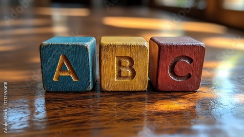 Wooden alphabet blocks with colorful letters on a wooden table photo