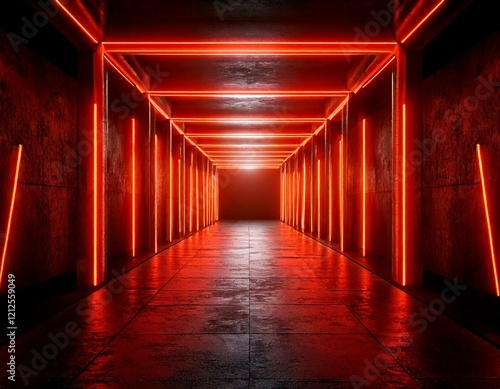 Orange Red Glowing Pylons Cement Concrete Hallway Tunnel Corridor