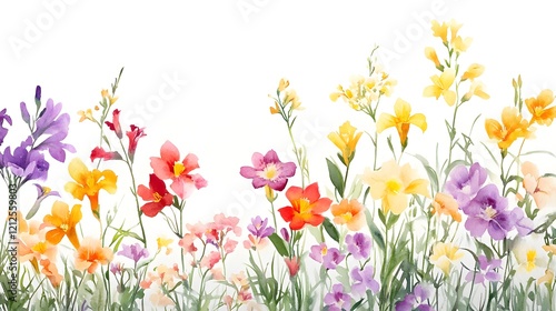 Vibrant Watercolor Floral Arrangement with Colorful Blooms Against a White Background for Spring Themes