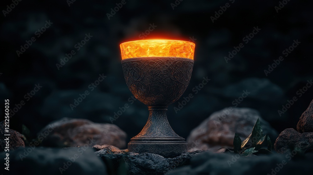 Elixir of Life Concept, Intricate Chalice with Glowing Liquid Illuminating Dark Surroundings in an Enigmatic Atmosphere Elixir of Life Concept, Intricate Chalice with Glowing Liquid Illuminating Dark Surroundings in an Enigmatic Atmosphere