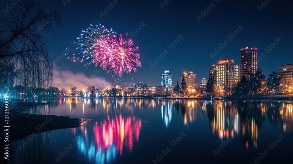 Fototapeta premium Chinese new year fireworks display over city skyline vibrant celebration nighttime festive atmosphere scenic reflection