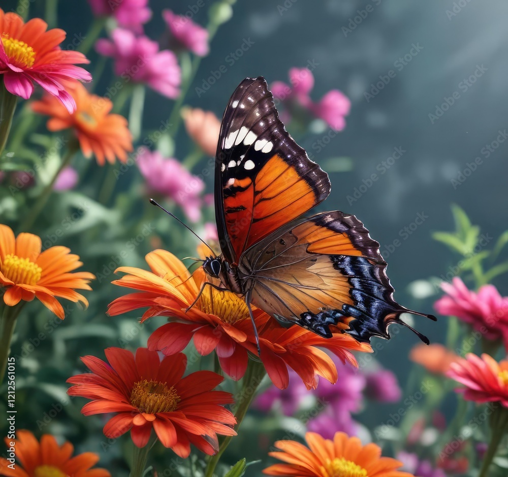 A butterfly sips nectar from a brightly colored flower, butterfly, bloom, floral A butterfly sips nectar from a brightly colored flower, butterfly, bloom, floral