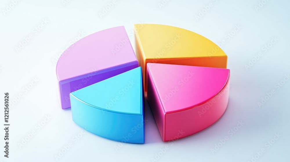 Obraz premium A D pie chart in vibrant colors with thick slices, some sections pulled apart for emphasis, placed on a light background with soft shadows for contrast.