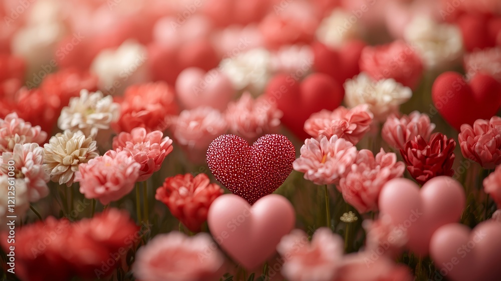 Valentine Hearts concept. Pink and Red Hearts Amidst Blooming Carnations. Valentine Hearts concept. Pink and Red Hearts Amidst Blooming Carnations.