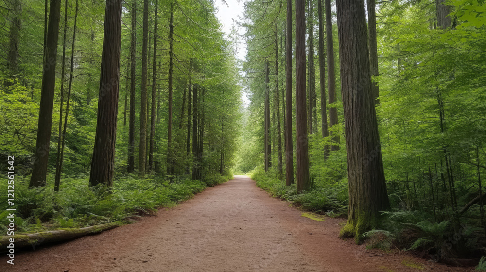 Obraz premium peaceful walking trail surrounded by tall trees and lush greenery, inviting nature lovers to explore serene environment. path leads through dense forest, creating tranquil atmosphere