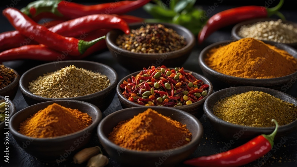 A vibrant assortment of spices and herbs in bowls, showcasing culinary diversity. A vibrant assortment of spices and herbs in bowls, showcasing culinary diversity.