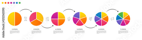 Circle division vector infographics icon set from 2 to 7 with arrows. Different color circles chart divided 2, 3, 4, 5, 6, 7 equal parts. Business round diagram with same size sectors, fraction.