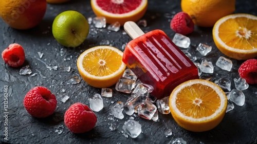 A colorful popsicle surrounded by fresh fruits and ice on a dark surface. photo