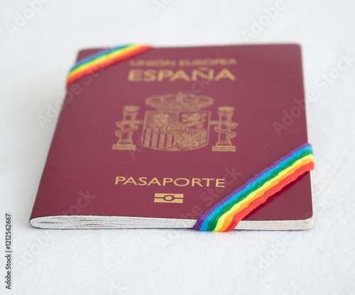 Spanish passport with LGTBI flag, lateral view photo