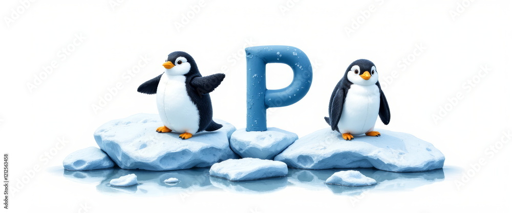 Obraz premium Cute penguins on ice with letter P