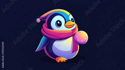 Cute winter penguin with a scarf holding a snowball cartoon character