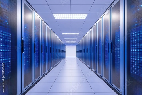 Quantum Computing  The future of cybersecurity . Data center corridor with server racks and blue lighting.