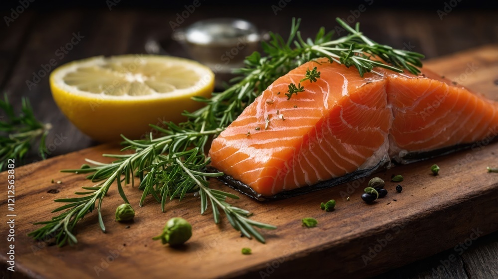 Fresh salmon fillet garnished with herbs and lemon on a wooden cutting board. Fresh salmon fillet garnished with herbs and lemon on a wooden cutting board.