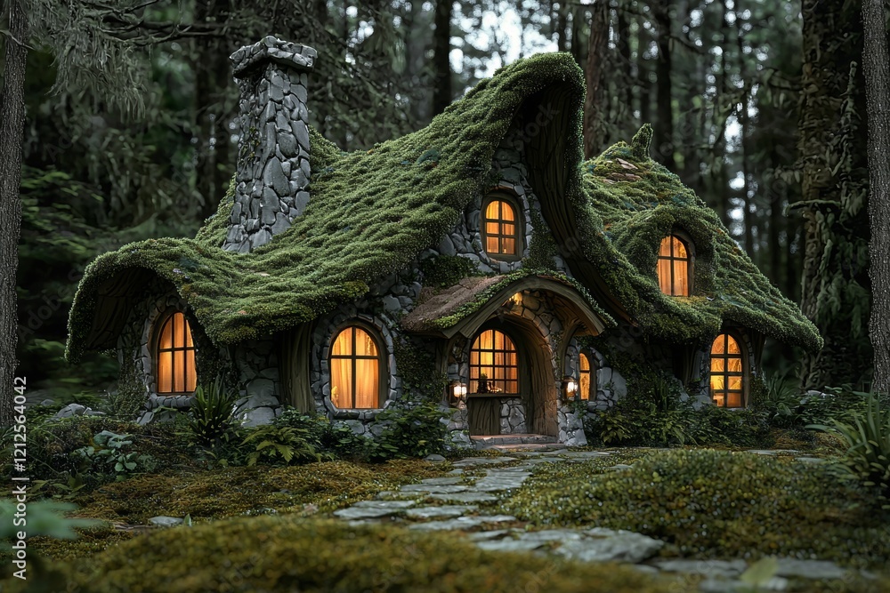 Whimsical fantasy landscape featuring a tree house in a forest at night. Whimsical fantasy landscape featuring a tree house in a forest at night.