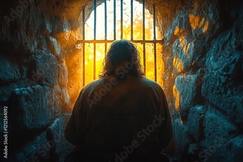 Obraz na płótnie dramatic historical illustration of john the baptist in shadowy stone prison cell, light streaming through barred window, biblical atmosphere w salonie