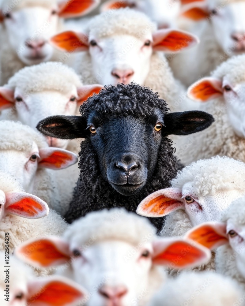 Naklejka premium Black Sheep Surrounded by White Sheep in a Flock on a Farm in Rural Setting
