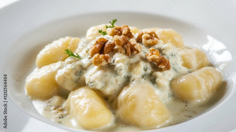 A plate of savory potato gnocchi with creamy gorgonzola sauce and toasted walnuts, Each gnocchi pillow perfectly cooked and coated in decadent cheese sauce A plate of savory potato gnocchi with creamy gorgonzola sauce and toasted walnuts, Each gnocchi pillow perfectly cooked and coated in decadent cheese sauce