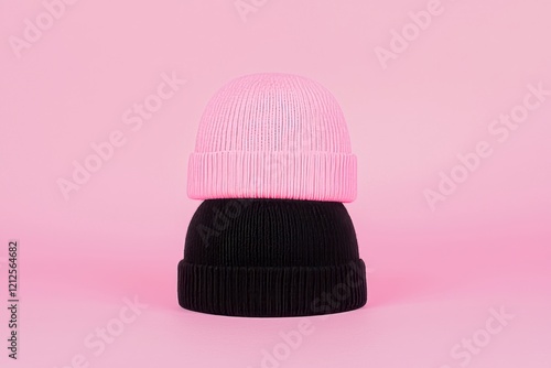 White background with a knitted hat, perfect for winter sports like skiing or snowboarding. This beanie has a bobble on top and a folded brim. It's a warm, knitted cap, also known as a tuque or photo