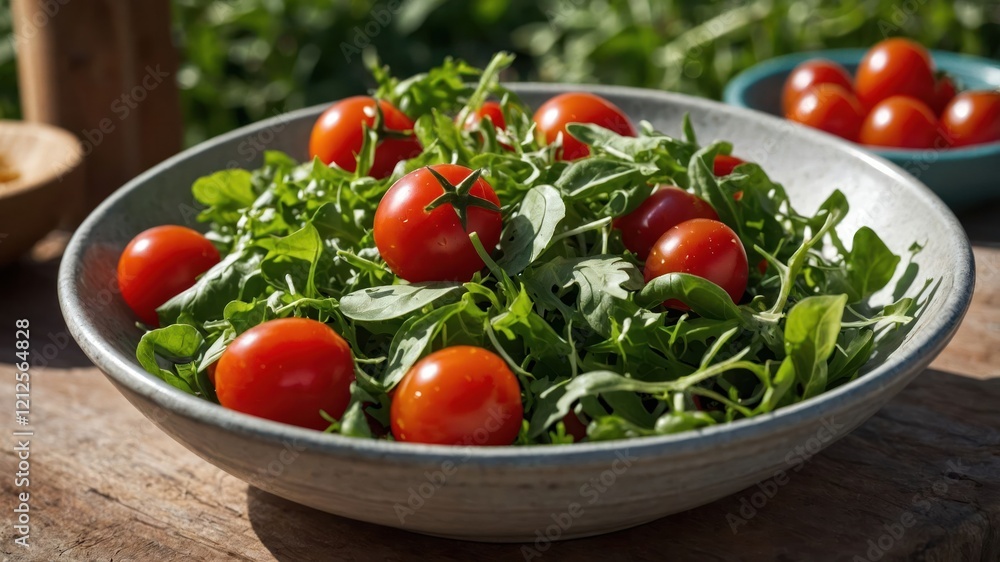A bowl of fresh arugula and cherry tomatoes, showcasing vibrant colors and healthy ingredients. A bowl of fresh arugula and cherry tomatoes, showcasing vibrant colors and healthy ingredients.