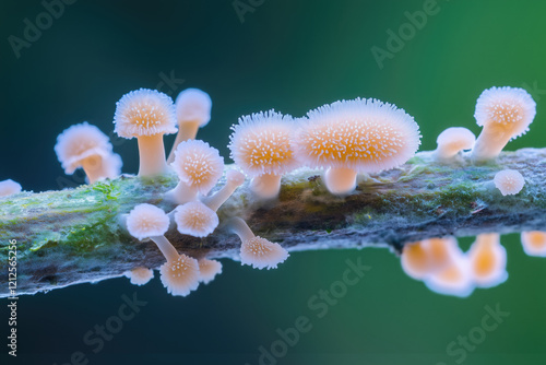 slime mold sporulation on a branch in the forest, close-up photo